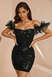 Robe de cocktail courte moulante corset à volants noir scintillant