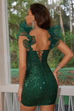 Robe de cocktail courte moulante corset à volants noir scintillant