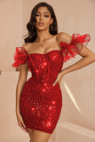 Robe de cocktail courte moulante corset à volants noir scintillant