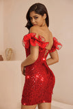 Robe de cocktail courte moulante corset à volants noir scintillant