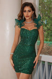 Robe de cocktail courte moulante corset à volants noir scintillant