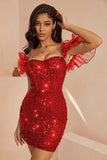 Robe de cocktail courte moulante corset à volants noir scintillant