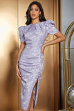 Robe longue de cocktail longue à manches bouffantes en satin floral lavande avec fente