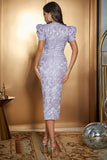 Robe longue de cocktail longue à manches bouffantes en satin floral lavande avec fente
