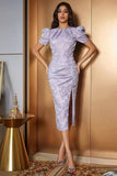 Robe longue de cocktail longue à manches bouffantes en satin floral lavande avec fente