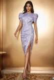 Robe longue de cocktail longue à manches bouffantes en satin floral lavande avec fente