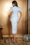Robe longue de cocktail longue à manches bouffantes en satin floral lavande avec fente