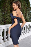 Robe de cocktail courte moulante à bretelles spaghetti à volants bleu marine