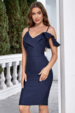 Robe de cocktail courte moulante à bretelles spaghetti à volants bleu marine