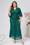Robe longue mère de la mariée sirène vert foncé scintillante avec manches