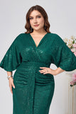 Robe longue mère de la mariée sirène vert foncé scintillante avec manches