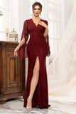Robe longue mère de la mariée en dentelle bordeaux sirène avec fente