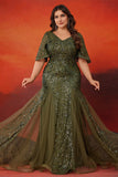 Robe longue mère de la mariée en tulle sirène olive scintillante