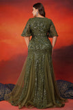 Robe longue mère de la mariée en tulle sirène olive scintillante