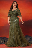 Robe longue mère de la mariée en tulle sirène olive scintillante
