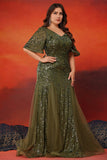 Robe longue mère de la mariée en tulle sirène olive scintillante