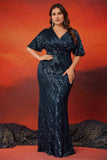 Robe longue longue mère de la mariée bleu marine scintillant