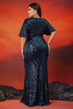 Robe longue longue mère de la mariée bleu marine scintillant