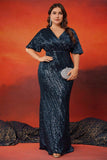 Robe longue longue mère de la mariée bleu marine scintillant