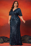 Robe longue longue mère de la mariée bleu marine scintillant