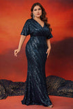 Robe longue longue mère de la mariée bleu marine scintillant