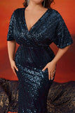 Robe longue longue mère de la mariée bleu marine scintillant