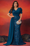 Robe longue mère de la mariée sirène bleu scintillant grande taille