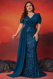 Robe longue mère de la mariée sirène bleu scintillant grande taille