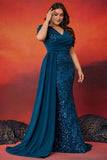 Robe longue mère de la mariée sirène bleu scintillant grande taille