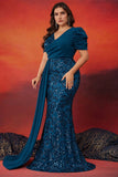 Robe longue mère de la mariée sirène bleu scintillant grande taille