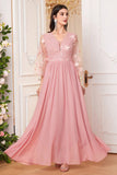 Fard à joues rose une ligne longue mère de la mariée robe avec des fleurs