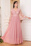 Fard à joues rose une ligne longue mère de la mariée robe avec des fleurs