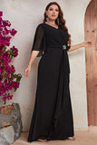 Robe longue mère de la mariée en mousseline de soie noire grande taille avec volants