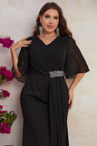 Robe longue mère de la mariée en mousseline de soie noire grande taille avec volants