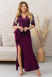 Fourreau col en V en satin raisin Robe longue mère de la mariée avec fente
