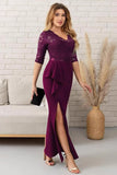 Fourreau col en V en satin raisin Robe longue mère de la mariée avec fente