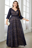 Bleu marine A ligne Manches longues Robe Mère de la mariée