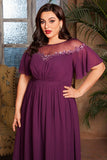 Robe longue mère de la mariée en mousseline de soie de raisin col bateau