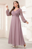 Robe de mère de la mariée à manches longues en mousseline de soie violette avec appliques