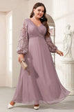 Robe de mère de la mariée à manches longues en mousseline de soie violette avec appliques