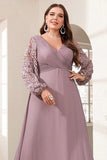 Robe de mère de la mariée à manches longues en mousseline de soie violette avec appliques