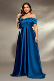 Satin bleu encre Une ligne longue Mère de la mariée Robe