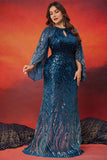 Robe longue mère de la mariée sirène bleu paon scintillant