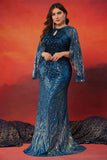 Robe longue mère de la mariée sirène bleu paon scintillant