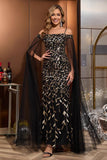 Robe longue mère de la mariée en tulle d’or noir avec cape