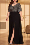 Mousseline de soie noire Une ligne longue Mère de la mariée Robe avec fente