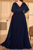 Mousseline de soie noire Une ligne longue Mère de la mariée Robe avec fente