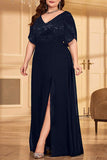 Mousseline de soie noire Une ligne longue Mère de la mariée Robe avec fente