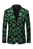 Blazer de bal à revers crantés imprimé de feuilles vert foncé pour homme