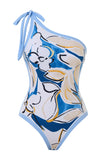 Maillot de bain bleu plage imprimé une épaule